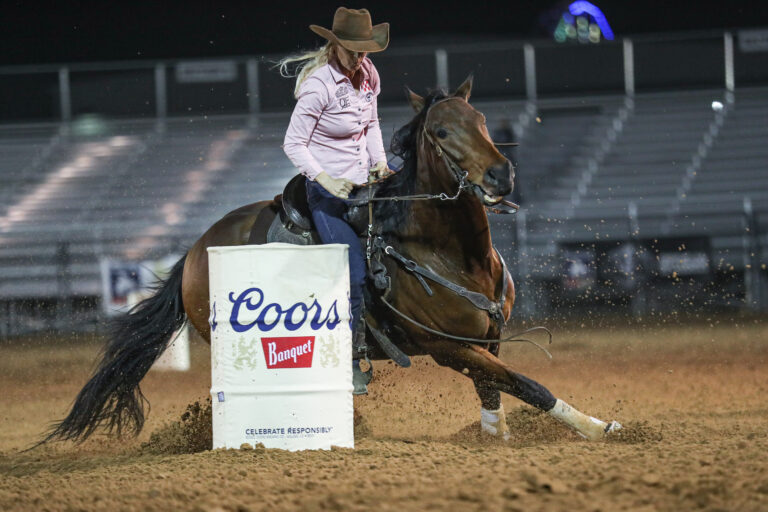 Wenda Johhnson competes in barrel racing at Logandale, Nevada.