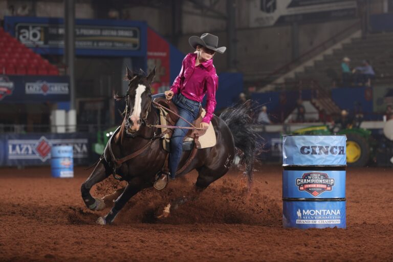 Savannah Shumpert barrel racing at 2023 Cinch World Championship Junior Rodeo.