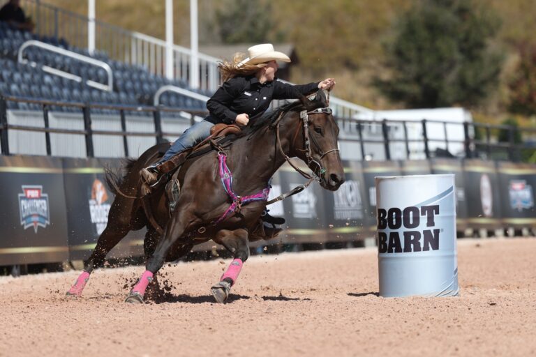 Maddy Helm and ironically named "Mouse" round a turn at the WCRA Rodeo Carolina's DY Youth Showcase.