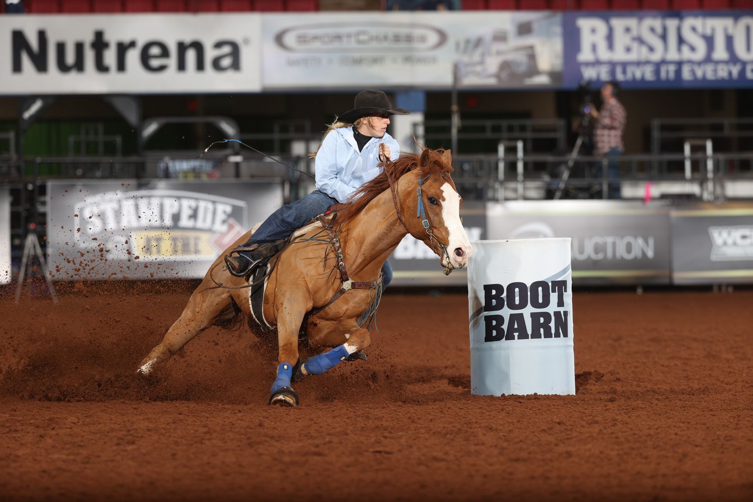 Kindyl Scruggs and Melrose Chrome turning the second barrel in Progressive Round 2 of the 2024 WCRA Stampede at The E.