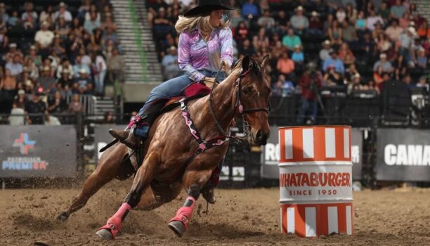 Bayleigh Choate and Boozer turning the second barrel in Progressive Round 2 of 2024 WCRA Rodeo Corpus Christi.