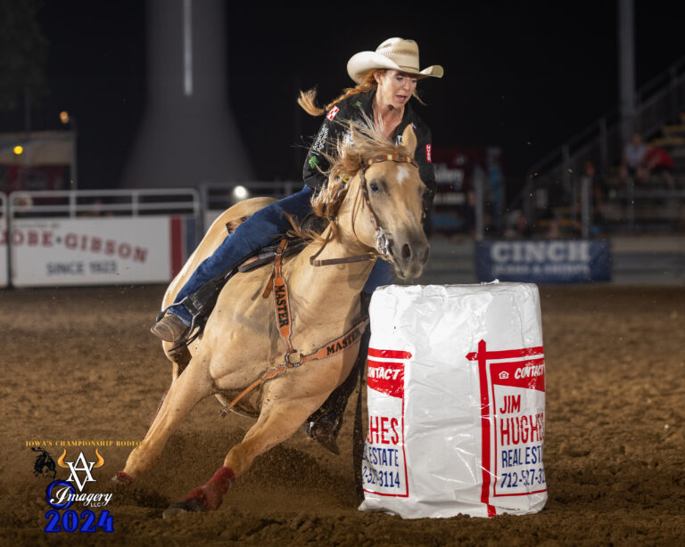 Emily Beisel barrel racing on Chewy