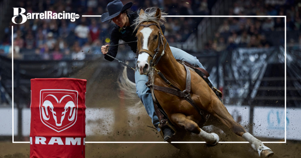 Taylor Manning securing the Canadian Barrel Racing title aboard Little Sexcee Cowboy at the 2024 Canadian Finals Rodeo. Photo by Bille-Jean Duff.