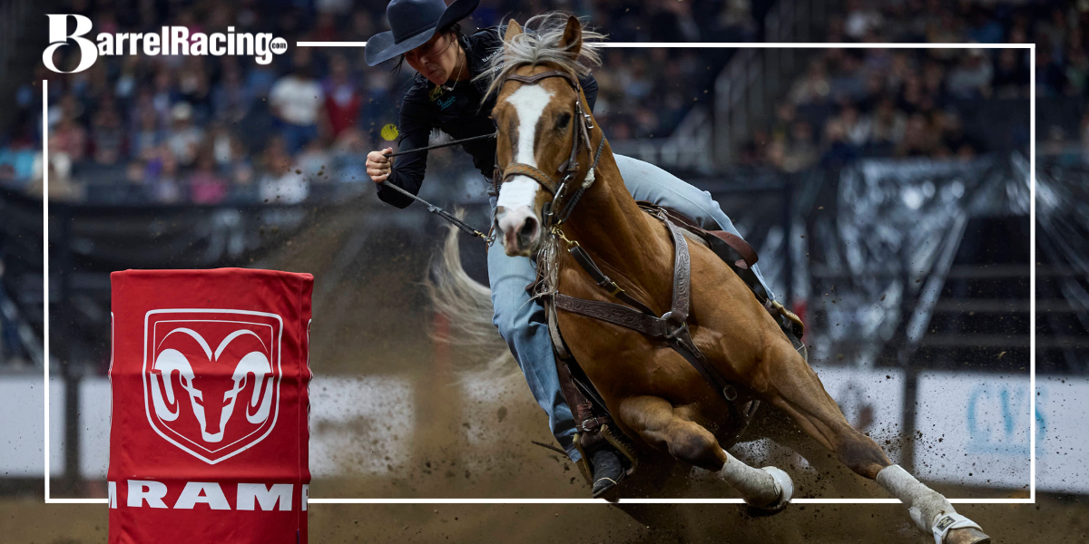 Taylor Manning securing the Canadian Barrel Racing title aboard Little Sexcee Cowboy at the 2024 Canadian Finals Rodeo. Photo by Bille-Jean Duff.