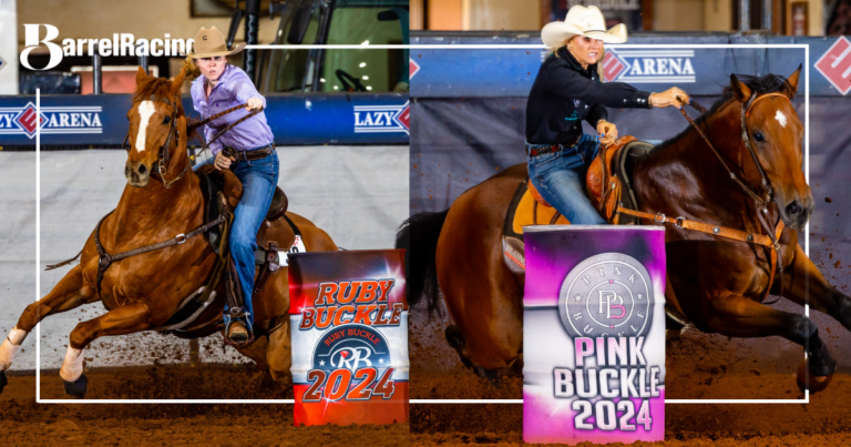 two barrel racers pink buckle and ruby buckle