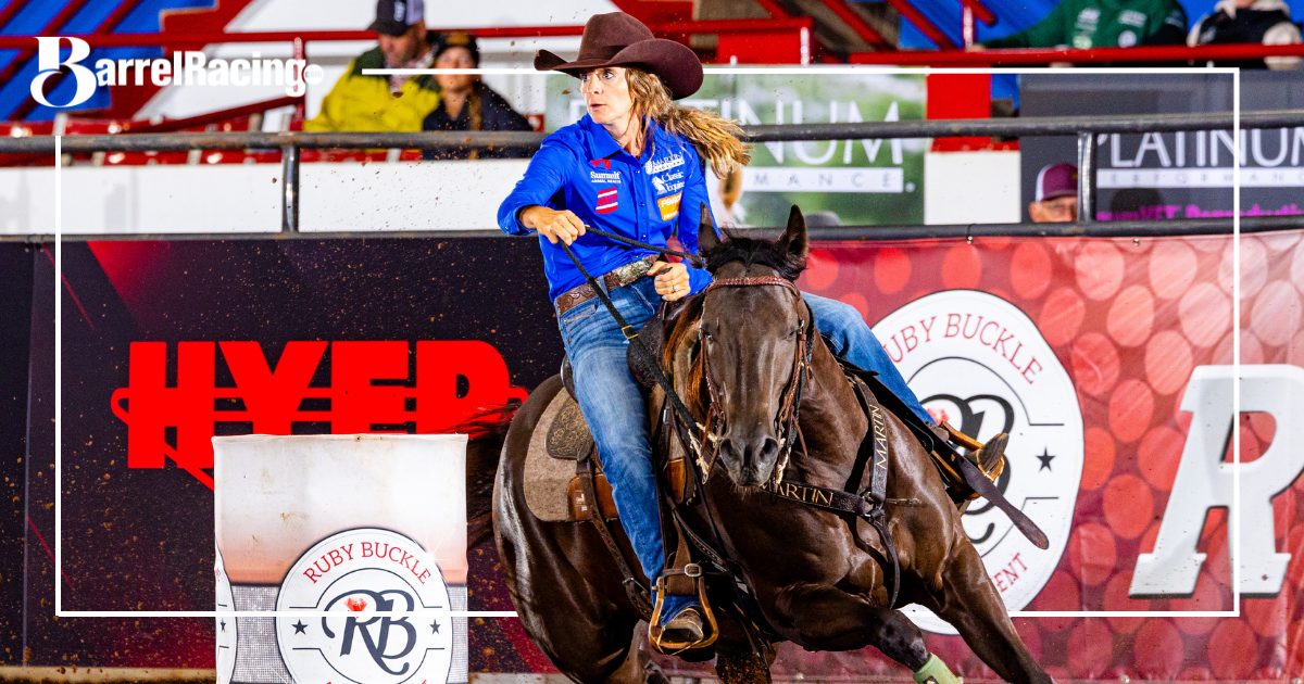 Ashley Schafer barrel racing on The Goodbye Lane horse