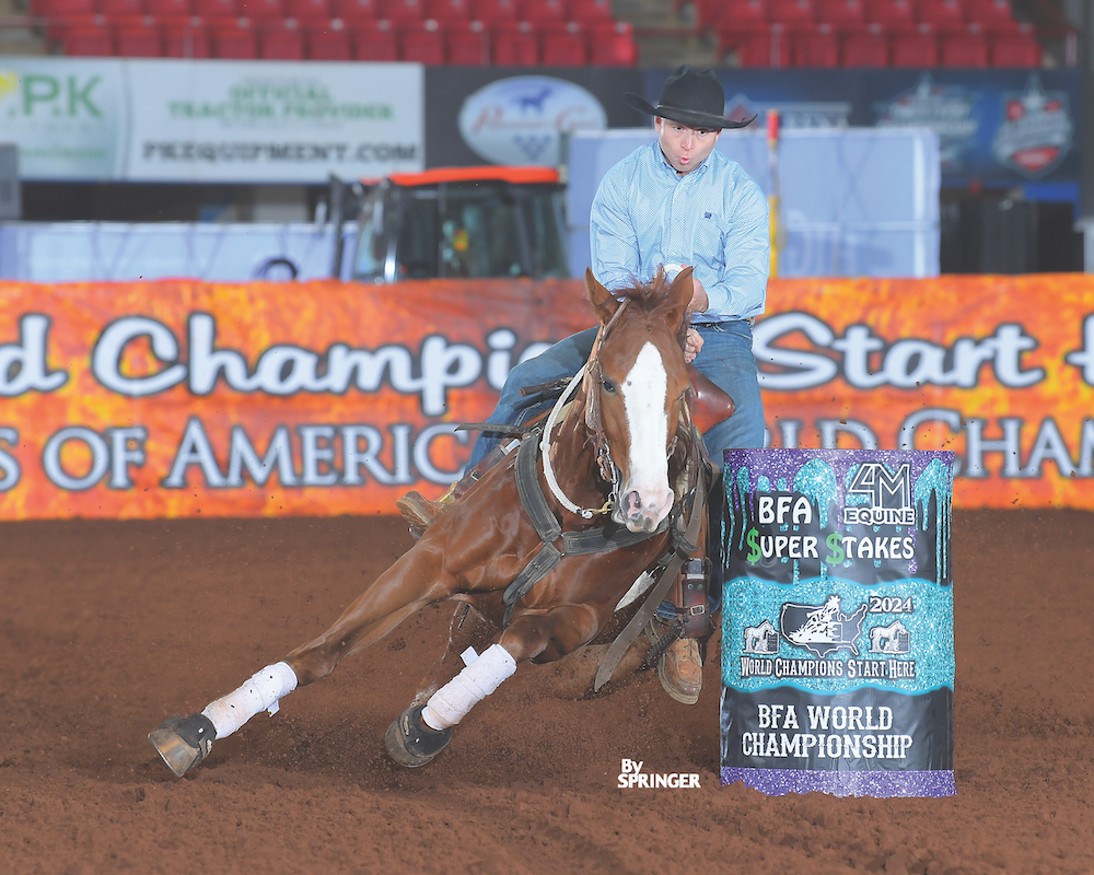 William Ball and Red As Hale barrel racing