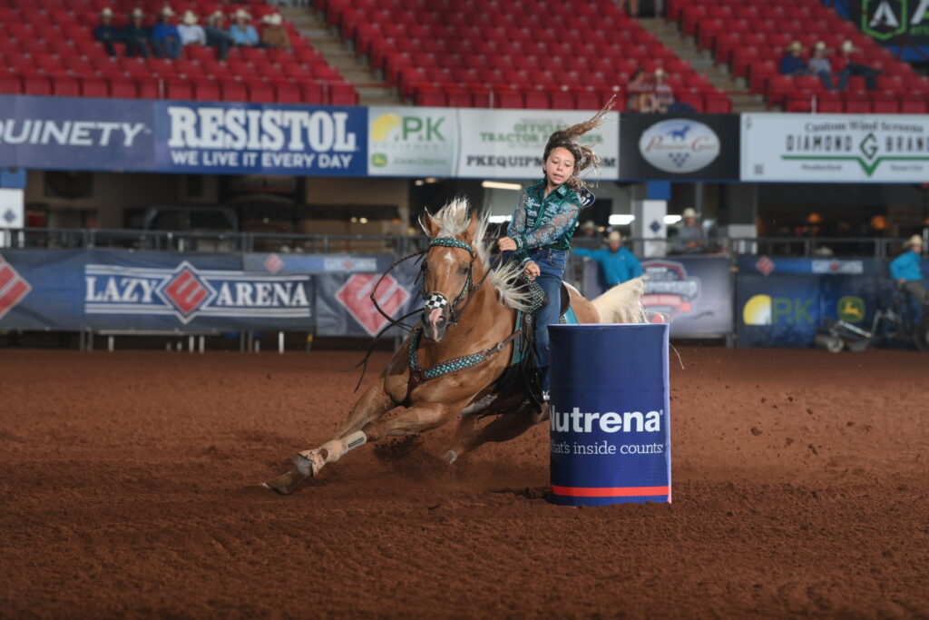 Dusky Lynn Hall on JH Firewater Honor at the Cinch World Championship Junior Rodeo in Guthrie, Oklahoma. Photo By: Josh Homer for Bull Stock Media