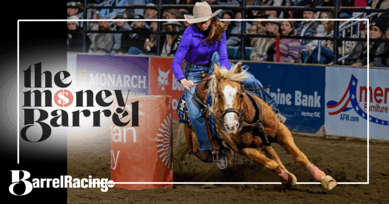 Kayla Jones barrel racing and The Money Barrel Podcast logo