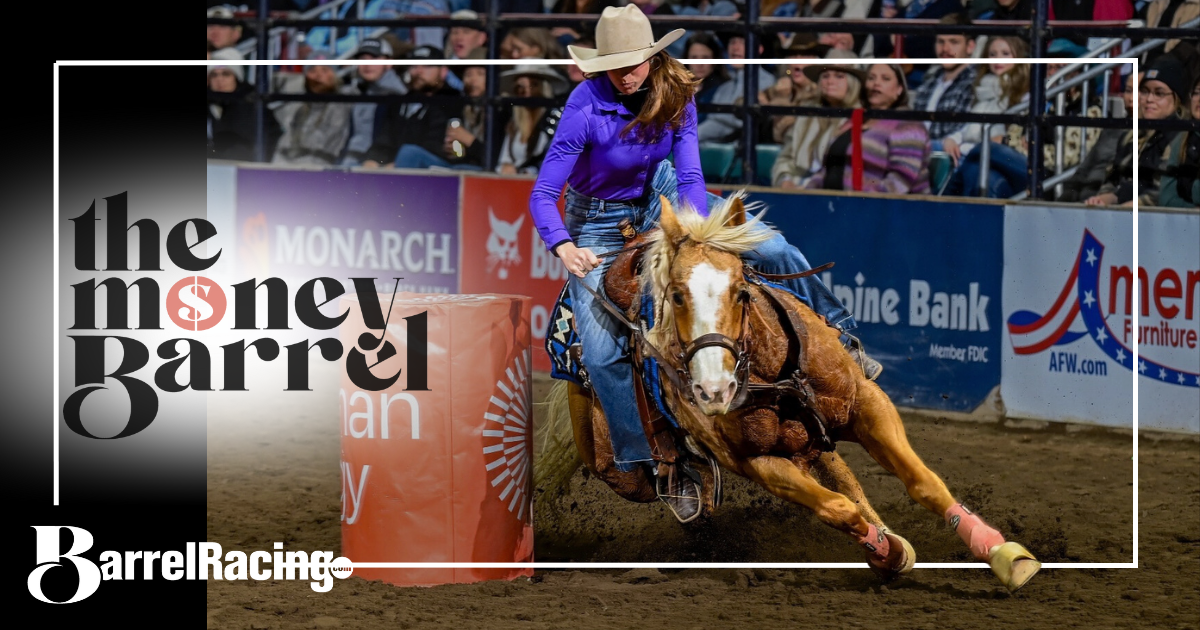 Kayla Jones barrel racing and The Money Barrel Podcast logo