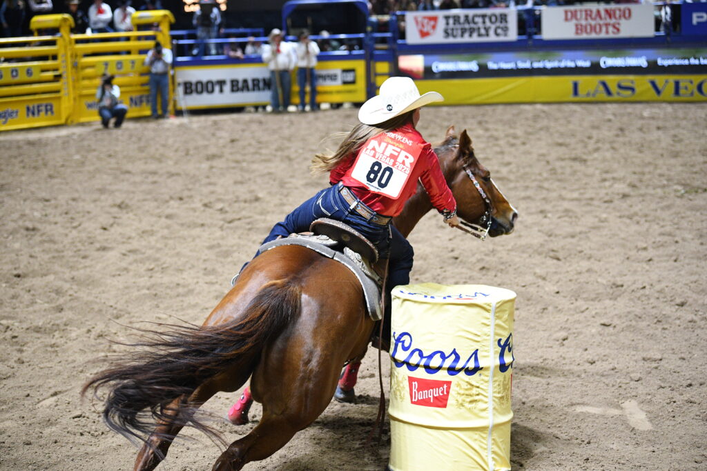 Tayla Moeykens barrel racing at NFR