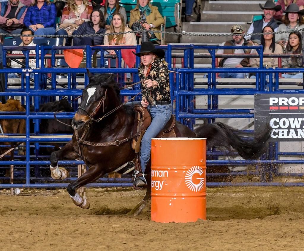 Morgan Bagnell barrel racing in Denver