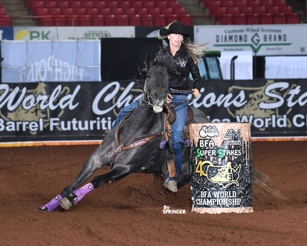 Jordan Harrell and OE Bachelor Pad turn a barrel at BFA SuperStakes