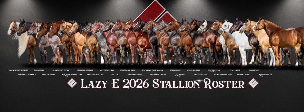 Lazy E stallions graphic with all horses lined up and logo
