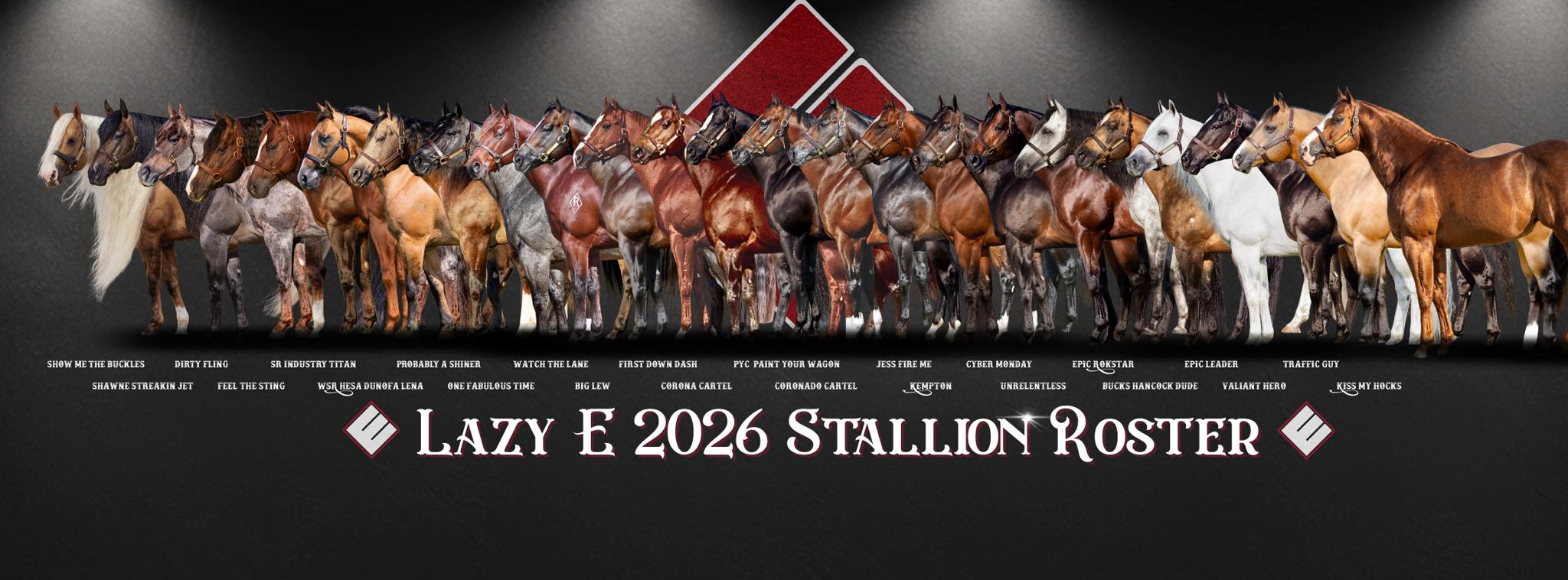 Lazy E stallions graphic with all horses lined up and logo