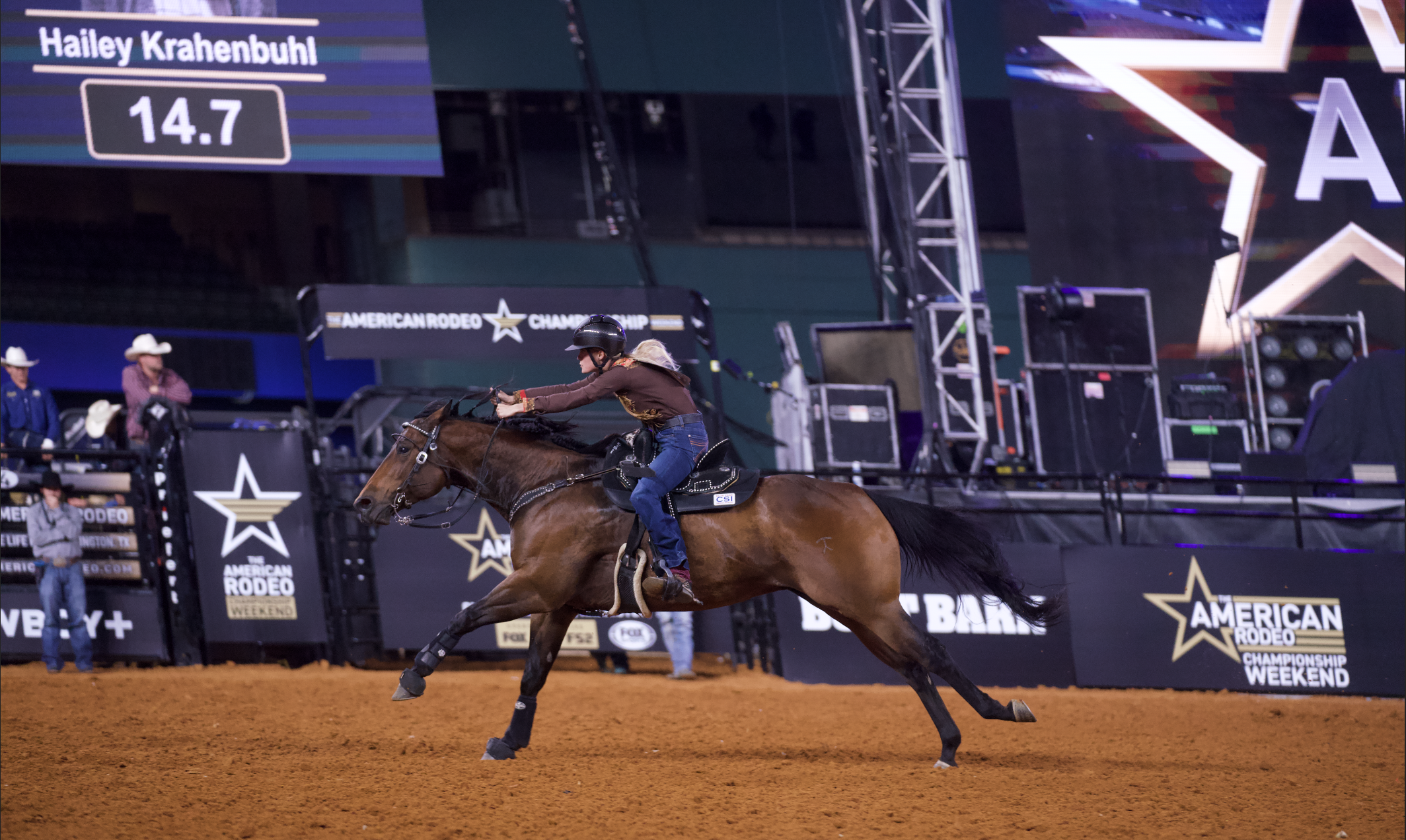 Hailey Krahenbuhl rides her horse at The American Rodeo running home