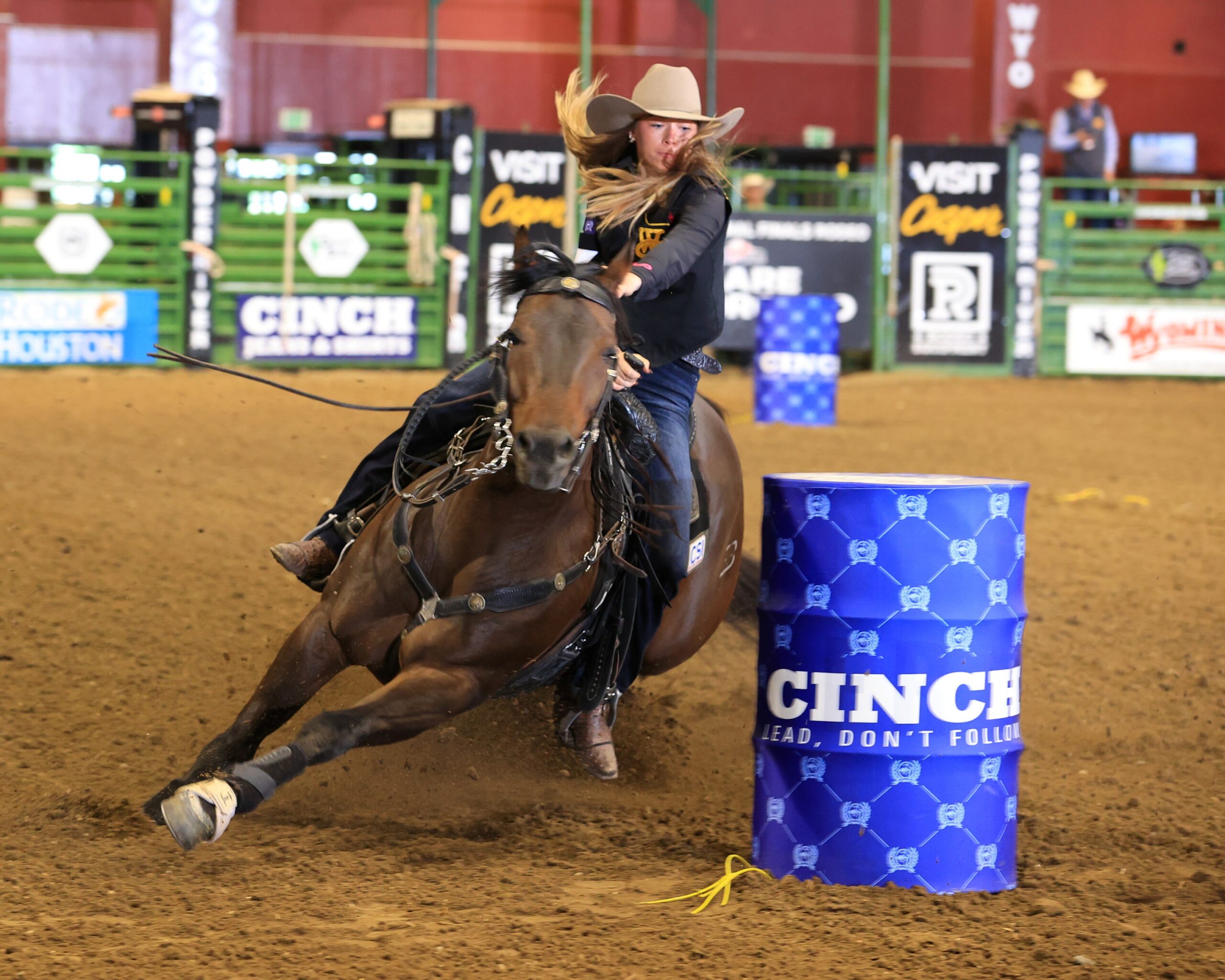Acey Pinkston barrel racing at the 2026 CNFR