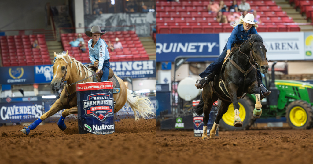 Two teenage cowgirls competing at WCJR on horses