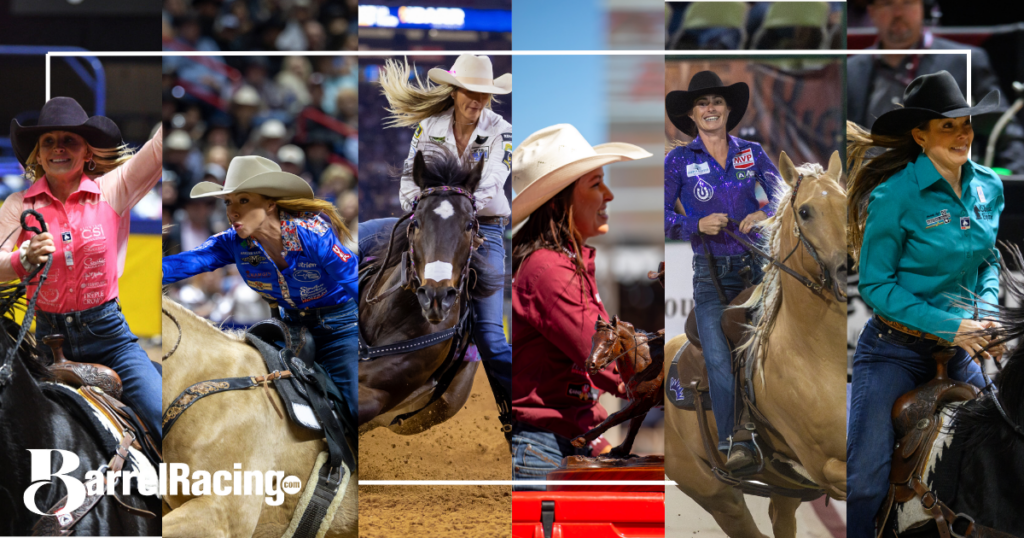 Collage of six barrel racers at top of world standings