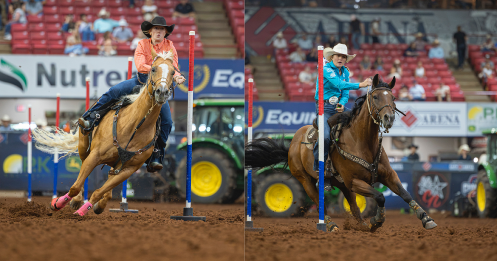 Merrick Moyer and Kennzie Nixon both turn poles on their horses in this side-by-side image