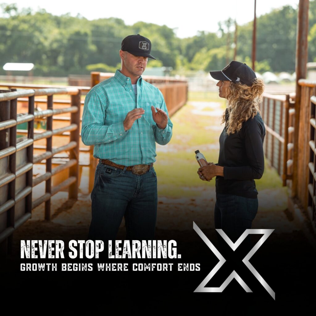 Xact RX logo over top Trevor Jeffers talking to a blonde woman