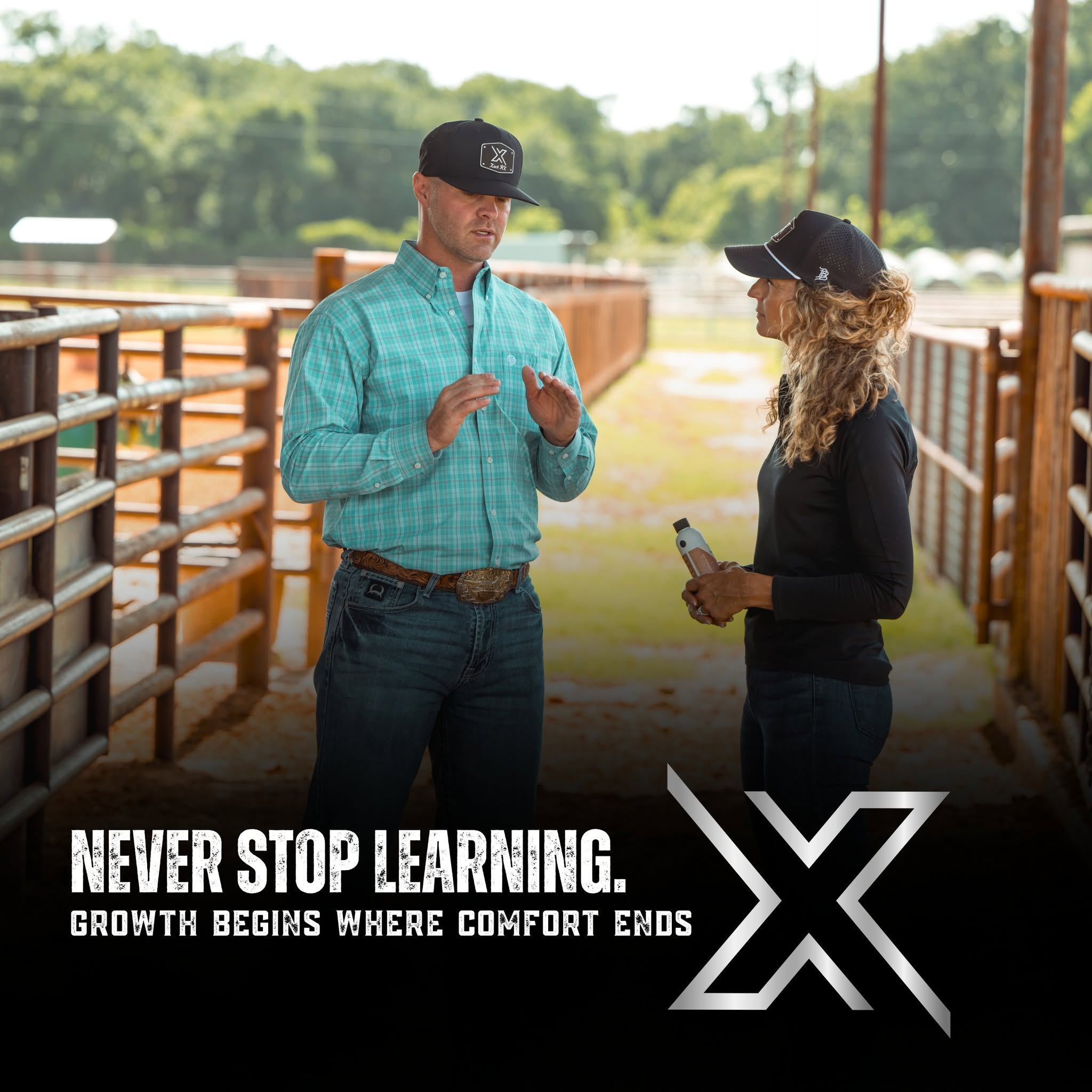Xact RX logo over top Trevor Jeffers talking to a blonde woman