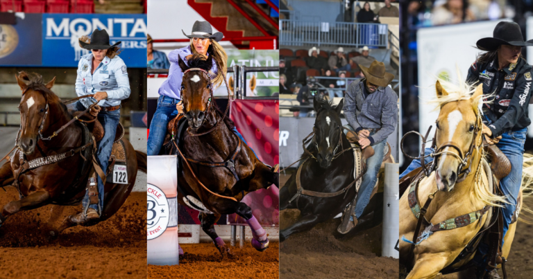 Collage of four barrel racers on horses