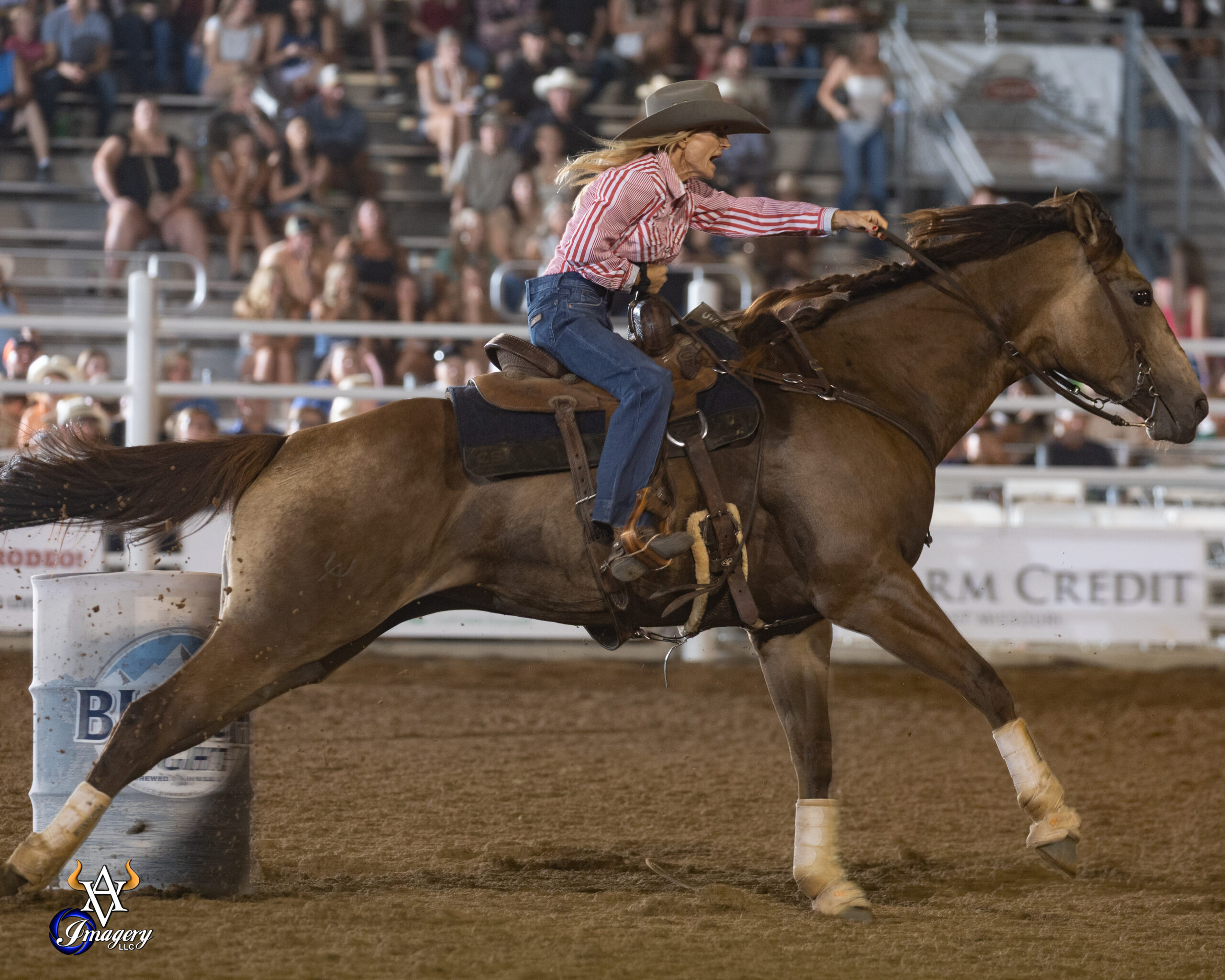 Carlee Otero's horse strides out of a barrel