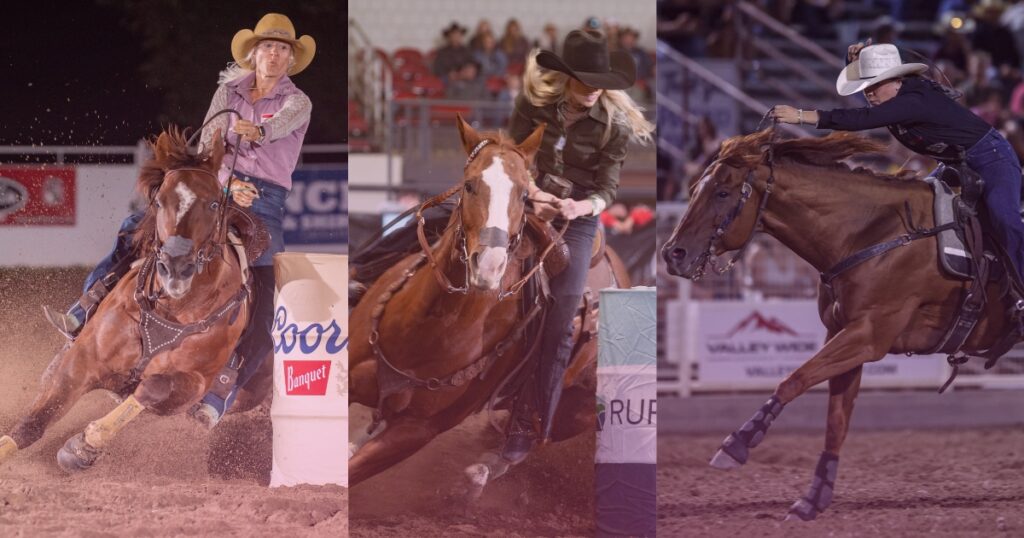 three barrel racers competing in a collage