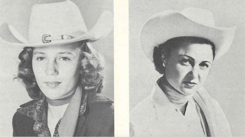 Two women side by side in black and white posing for headshots in cowboy hots
