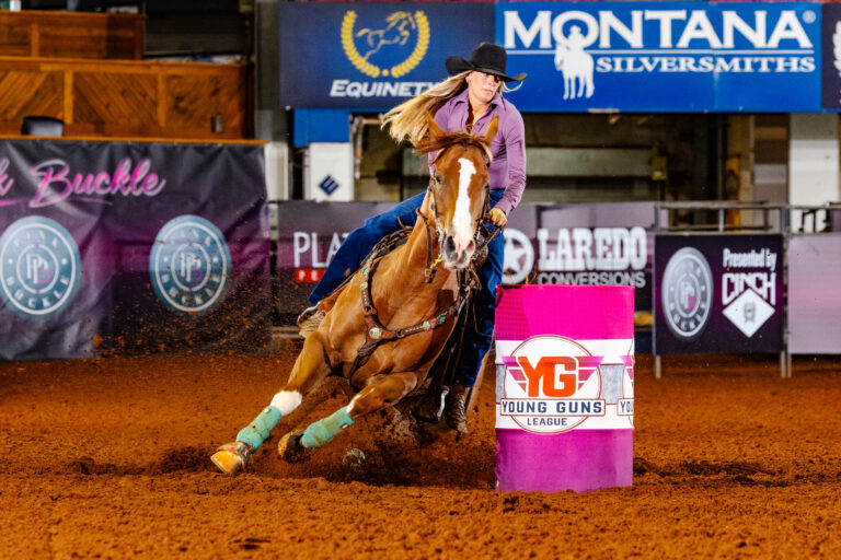 Jordan Harrell turns a barrel on a red horse, The Angels Seis Fame
