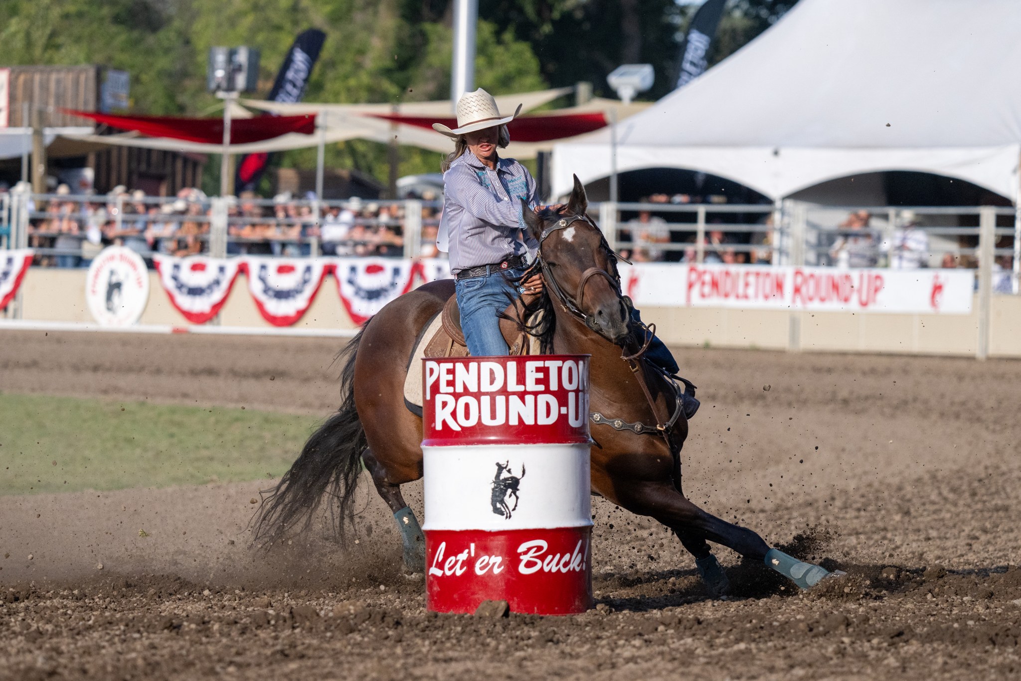 Katelyn Scott turns a barrel at the 2026 Pendleton Round-Up