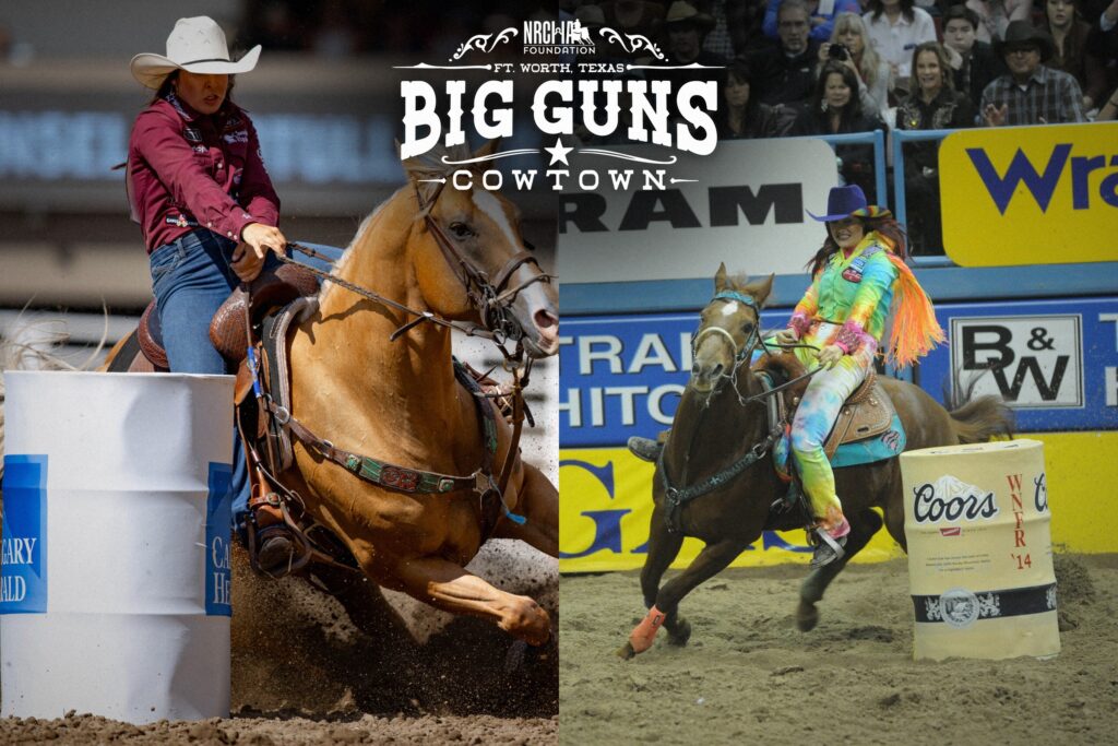 Hailey Kinsel turning a barrel at the Calgary Stampede beside Fallon Taylor turning a barrel at the 2014 NFR, under the Big Guns in Cowtown logo