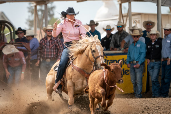 Makayla Boisjoli roping her breakaway calf at the Oakdale, California, rodeo.