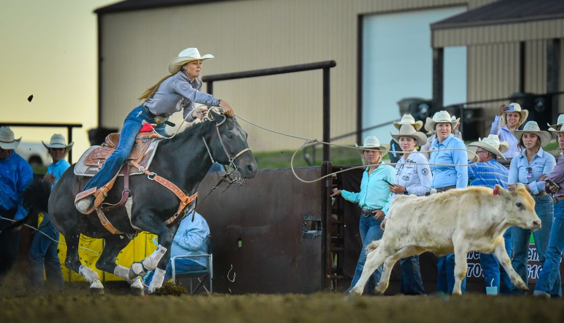 Shaya Biever ropes her calf in Killdeer, ND