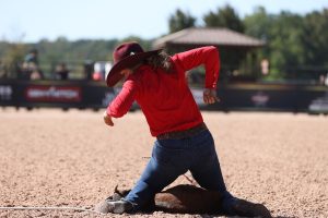 Joleigh Galloway tying her goat to win the 2023 WCRA DY Showcase at Rodeo Carolina.