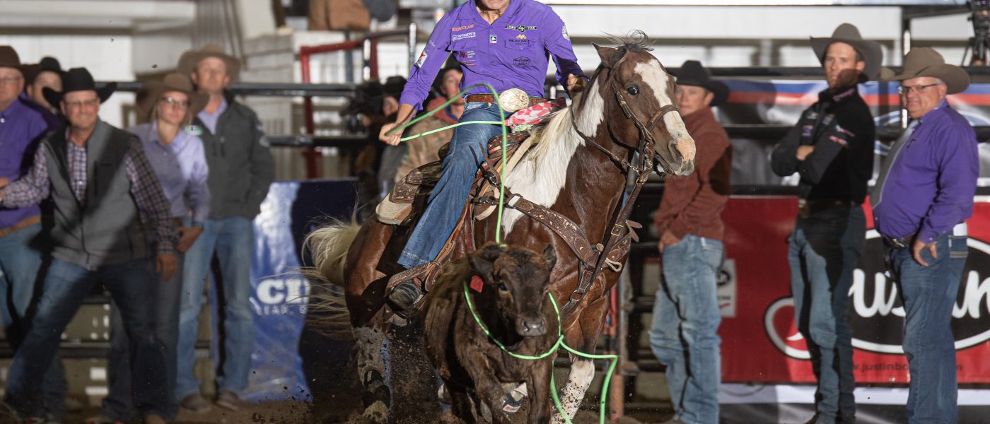 Sawyer Gilbert ropes on Paint horse Roger at the 2023 Badlands Circuit Finals.