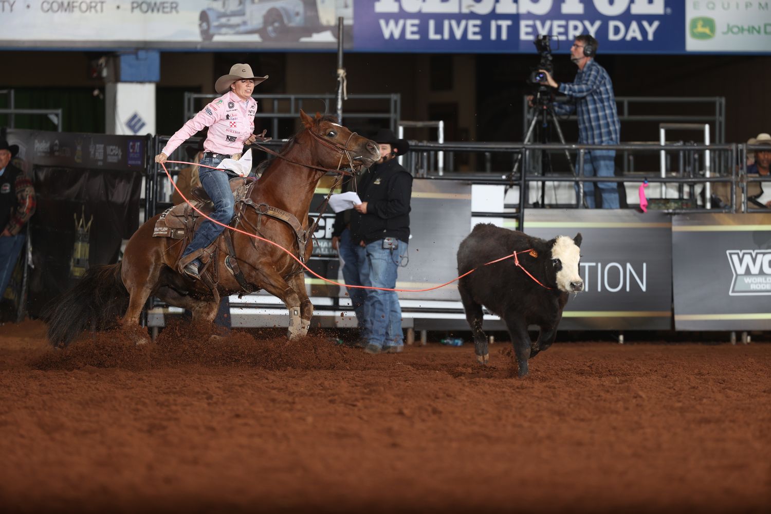 Martha Angelone roping her calf at the 2024 WCRA Stampede at The E.