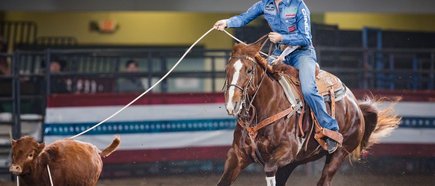 Shelby (Boisjoli) Meged and 2023 Horse of the Year "Onna" prepare to touch down at the 2023 Montana Circuit Finals.