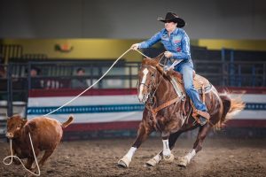 Shelby (Boisjoli) Meged and 2023 Horse of the Year "Onna" prepare to touch down at the 2023 Montana Circuit Finals.