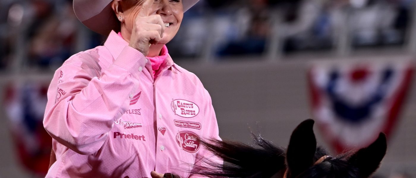 Lari Dee Guy smiles after roping in 2.0 seconds at the Fort Worth Stock Show & Rodeo.