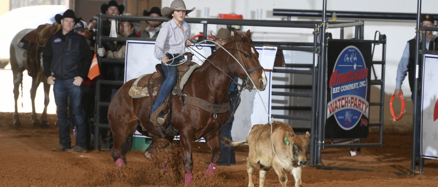 Braydee Bourdet competes in the 12 & Under Patriot Breakaway Roping in 2023.