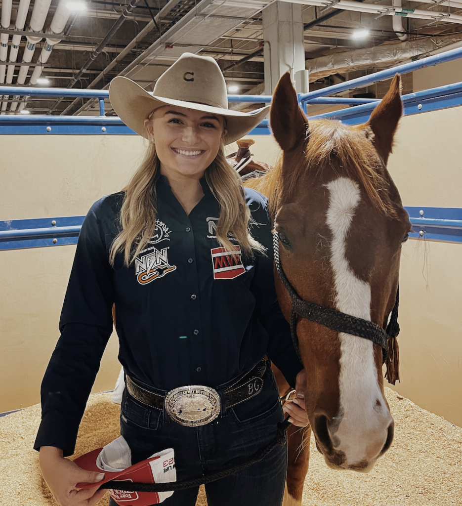 Bradi Good stands alongside Rango at the Fort Worth Stock Show and Rodeo, where they topped their bracket in 2024. 