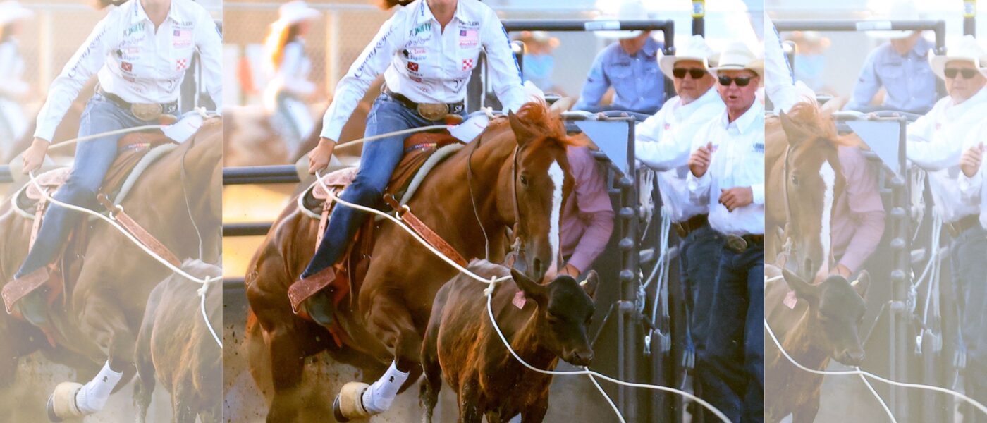 Newly minted Fast Back Ropes endorsee Shelby Boisjoli-Meged slings some poly at the Mandan Rodeo Days in North Dakota.