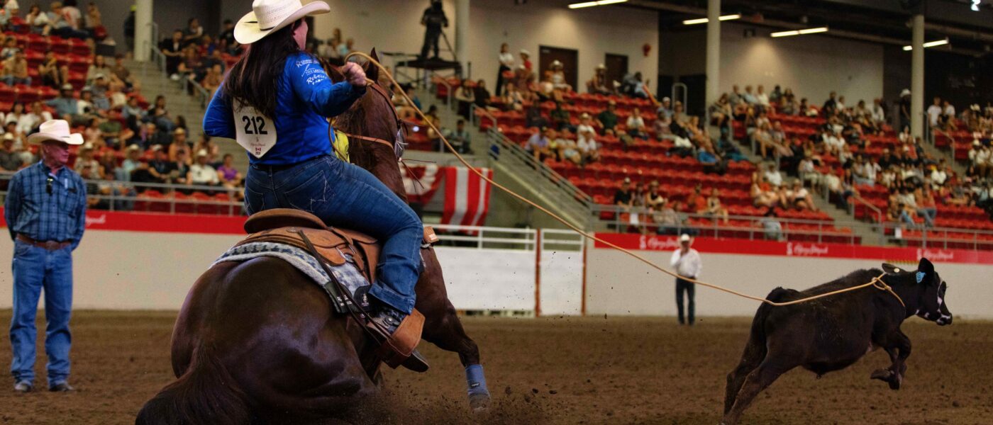 Kelsie Domer and Little Man apply the brakes in rapid succession during the 2024 Calgary Stampede Rock Mountain Cup.