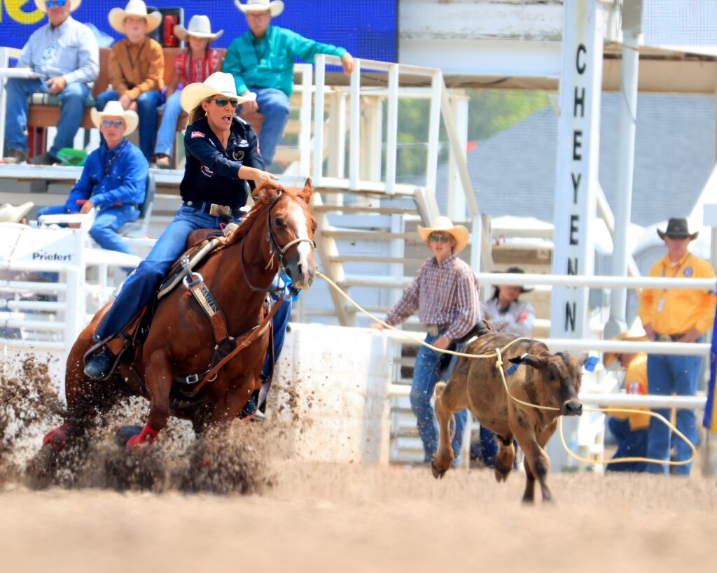 Sarah Angelone topped the fourth performance of the Cheyenne Frontier Days with a 3.8-second run on "Wilma."