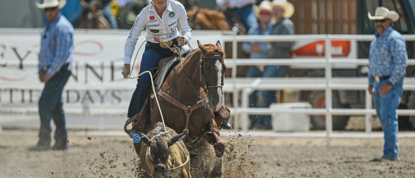 Shelby Boisjoli-Meged and "Onna" snag their short go calf as it heads right—a situation Meged says neither her nor Onna prefer.