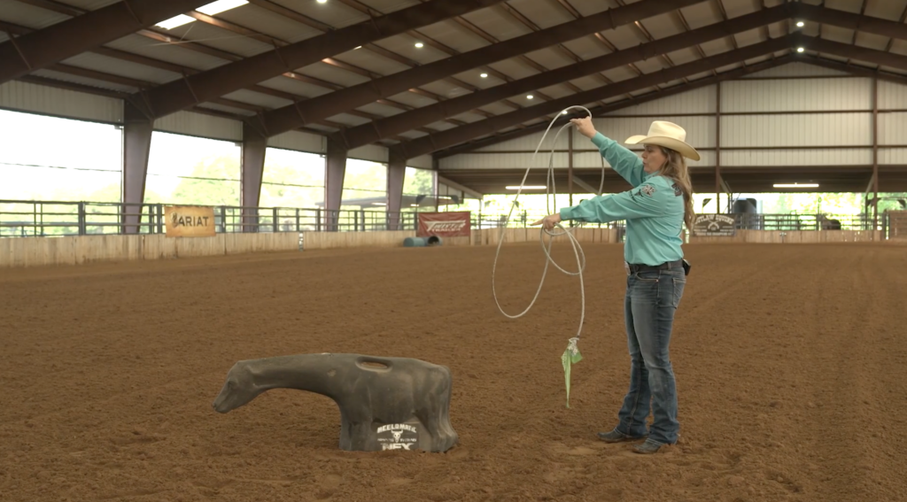 Lari Dee Guy demonstrating the "first blade" position of her breakaway roping swing.