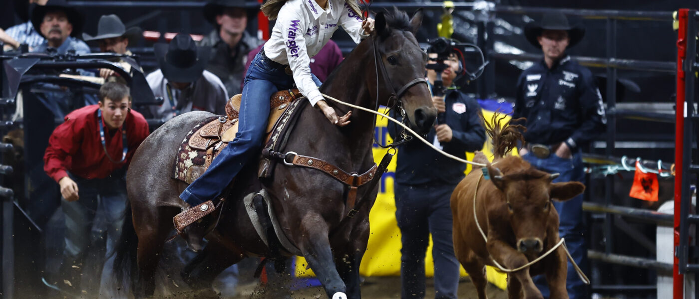 Mary Auclair breakaway roping at the 2024 Canadian Finals Rodeo.