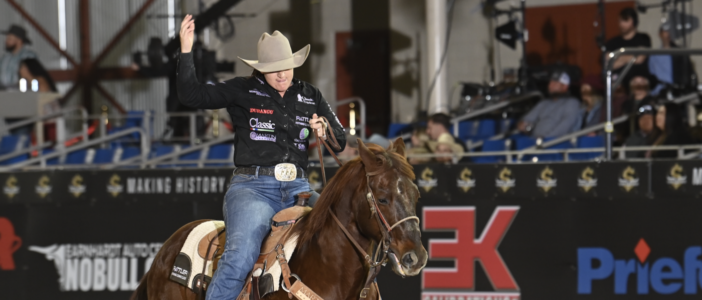 Kelsie Domer rides out of the arena at the 2024 Kimes Million Dollar Breakaway after securing the Average Championship.